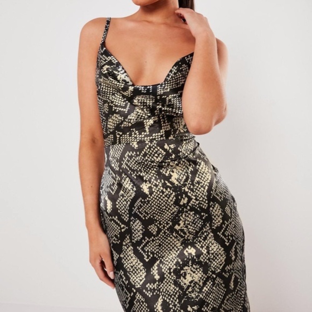Missguided gray snake print satin cowl midi dress